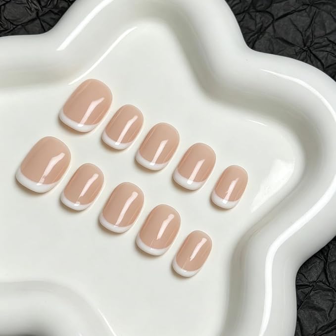 Handmade Press on Nails Short Almond Nude White French Tip Fake Nails Glossy Full Cover Muti-Layer Gel Acrylic Nail Natural & Elegant Style Thick False Nail Solid Color Stick on Nails for Women (M)