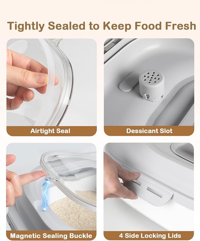 20-50 Lbs Airtight Food Storage Container Wheels,Collapsible Rice Container | Flour Storage Container with Double Airtight Seal,Rice Storage Container with Magnetic Lid,Keep Fresh for Pet Food,Rice,Flour