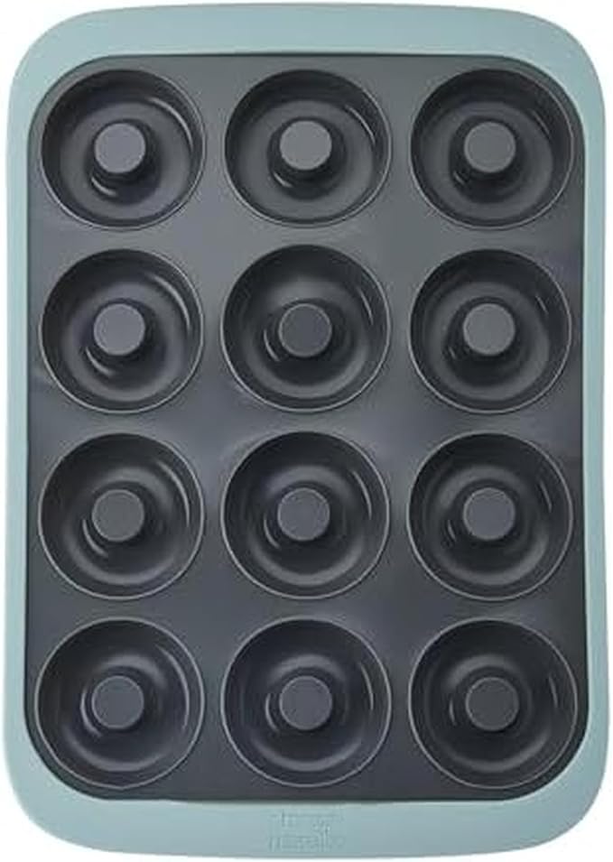 Chicago Metallic Silicone Donut Pan, 12 Cup Blue Nonstick Baking Pan for Donuts, Bagels and More, Wire-Reinforced Rim, Oven Safe to 428F, 14.6 x 10 x 1.4 Inches