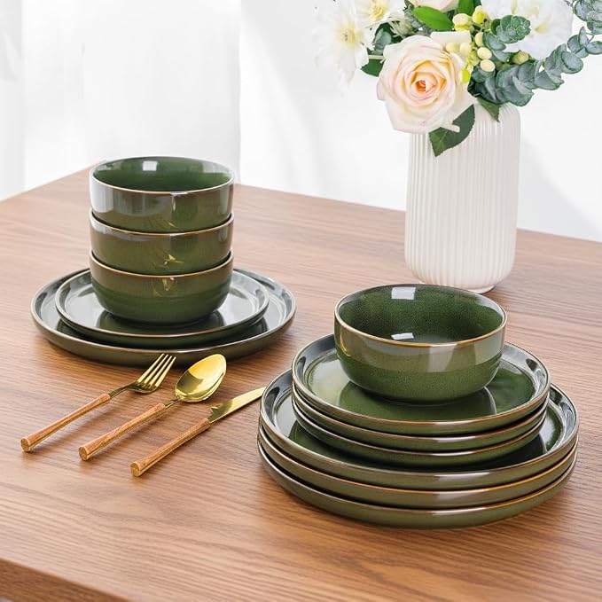 AmorArc Stoneware Dinnerware Sets for 8, 24Pcs Plates and Bowls Sets Dishes | Ceramic Round Reactive Glaze Dishes Set, Highly Scratch Resistant | Dishwasher & Microwave Safe Dishware
