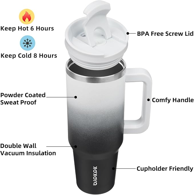 BJPKPK 40 oz Insulated Tumbler with Handle & Straw, Stainless Steel | Double Wall Vacuum Insulation, Leak Proof, BPA Free, Dishwasher Safe, Cupholder Friendly, Travel & Outdoor, Day & Night