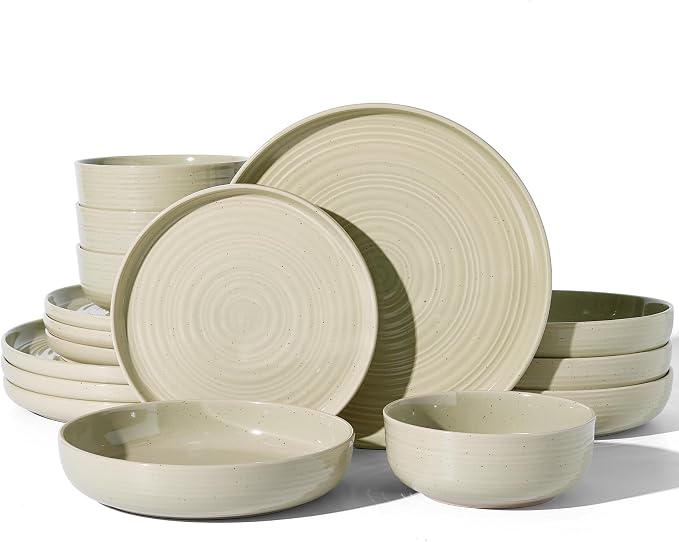 Stoneware Dinnerware Sets with Pasta Bowls, Service for 4 | 16-Piece Ceramic Plates and Bowls, Speckled Spiral Dishes, Chip & Scratch Resistant, Microwave & Dishwasher Safe, White Honey