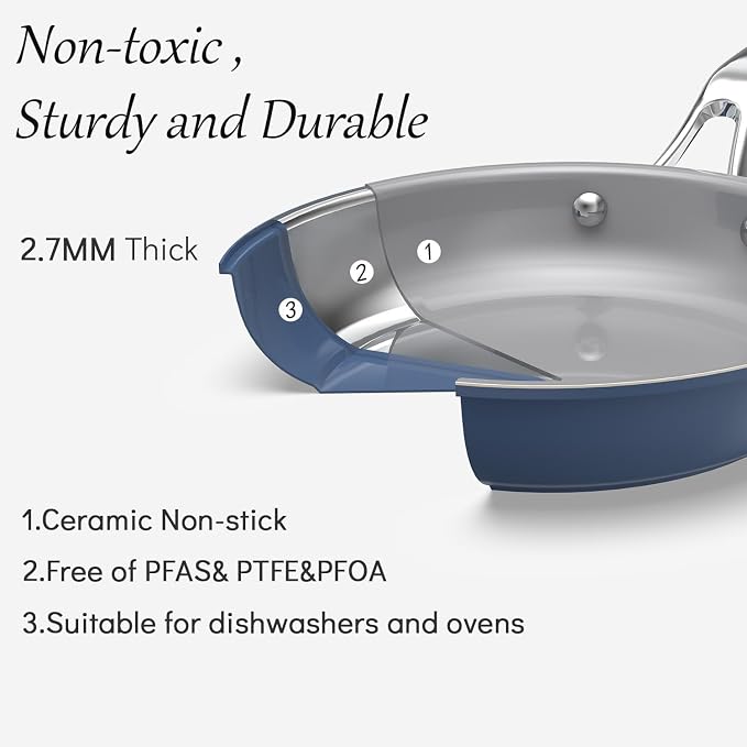 10-in-1 Blue Ceramic Nonstick Deep Saute Pan Set With Steamer & Lid, 4QT | PFAS-free frying pan.non-toxic. Induction ready. Oven safe to 480°F. Cool-touch handle. Dishwasher safe. Perfect for RVs!