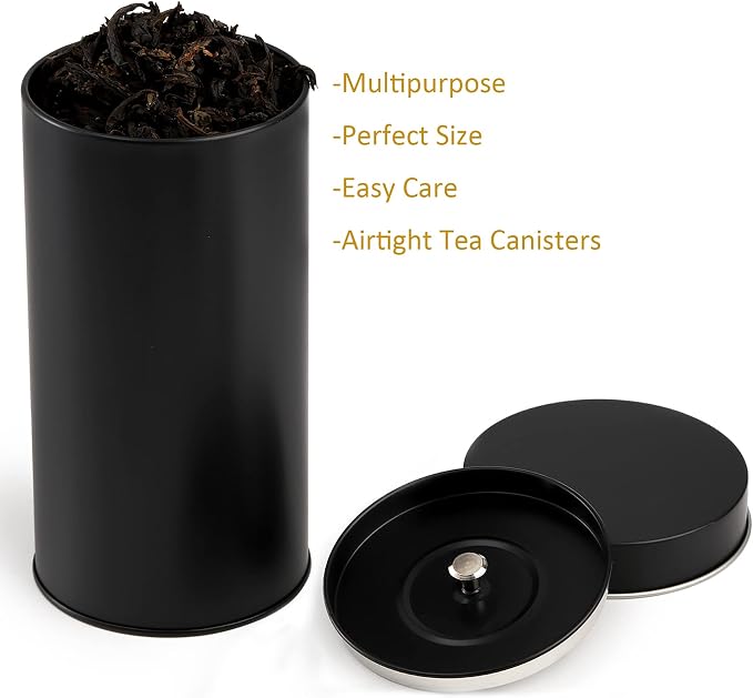 Yesland 6 Pack Tea Tin Canister with Airtight Double Lids - 32 Fl Oz Large Round Kitchen Storage Containers for Loose Leaf Tea, Coffee Beans, Candy, Herbs and Spices - Black Metal Organizer Set