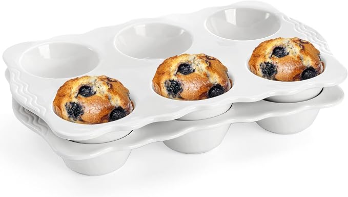 Hiceeden 2 Pack Ceramic Muffin Pans, 6 Cups Non-stick Muffin Tin Cupcake Baking Pans with Handles for Muffin Cakes, Egg Tarts, Mousse, Pot Pie, Jelly