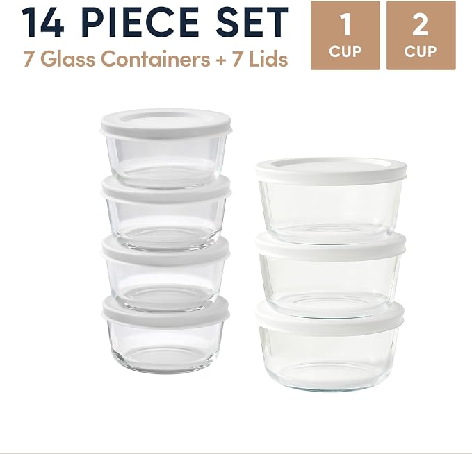 14-Piece Glass Food Storage Containers Set (7 Containers + 7 BPA-Free Lids) | 1-Cup & 2-Cup, Leakproof | Microwave, Freezer, Oven & Dishwasher Safe | Ideal for Meal Prep & Pantry Organization, White