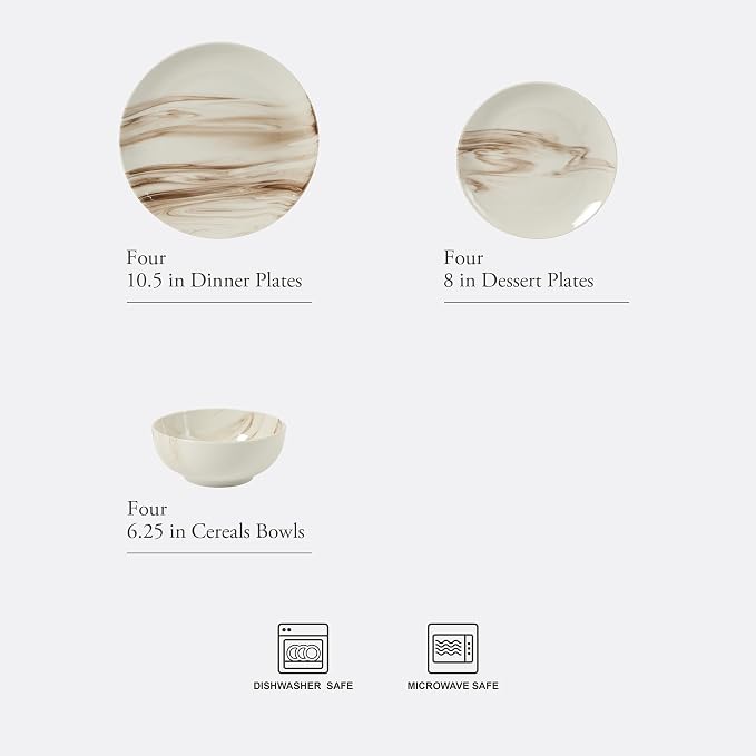 Gibson Home Cloudlight 12 Piece Plates and Bowls Dishes Brown and White - Decorated Porcelain Ceramic Dinnerware Set - Service for 4