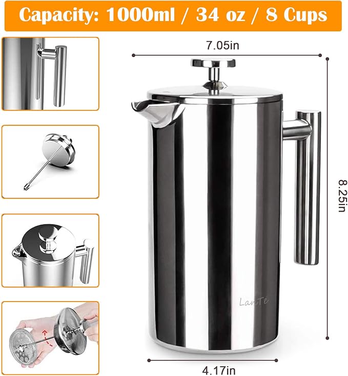 LANTE French Press Coffee Maker, Double Insulated 304 Stainless Steel Coffee Tea Maker 4 Level Filtration System, No Coffee Grounds, Rust-Free, Dishwasher Safe, 1000ml