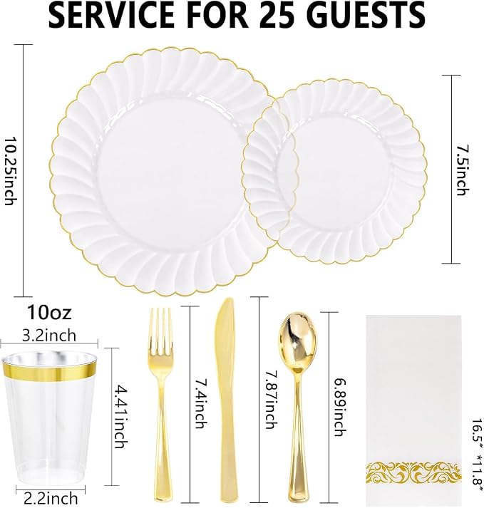 YOUBET 175PCS Clear and Gold Scalloped Plastic Plates for Party Wedding | Clear and Gold Disposable Dinnerware Set Include 50 Plates, 75 Gold Silverware, 25 Cups, 25 Napkins