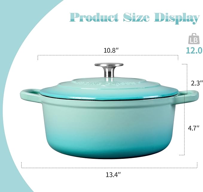 EDGING CASTING Enameled Cast Iron Covered 5.5 Quart Dutch Oven with Dual Handle for Bread Baking, Dutch Ovens with Lid, Peacock Blue