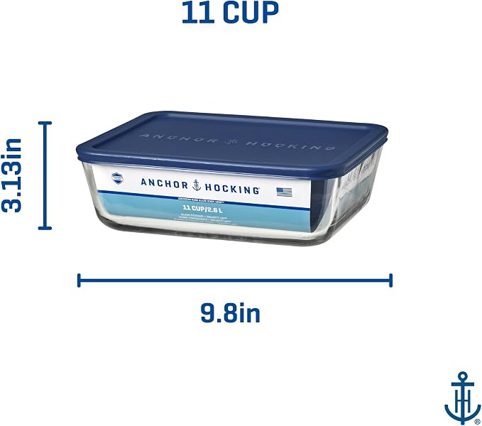 Anchor Hocking 11-Cup Glass Storage Containers with Lids, Set of 2 Glass Food Storage Containers with Navy SnugFit Lids
