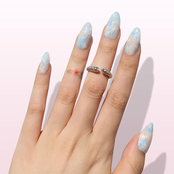 Nail Reformation Press On Nails, Marble Dream | Pastel Medium Almond 30 Pcs | 15 Sizes Fake Nails in Blue Pink White with Glossy Finish, Reusable Stick On Nails, False Nail Kit with Glue, Gifts for Women