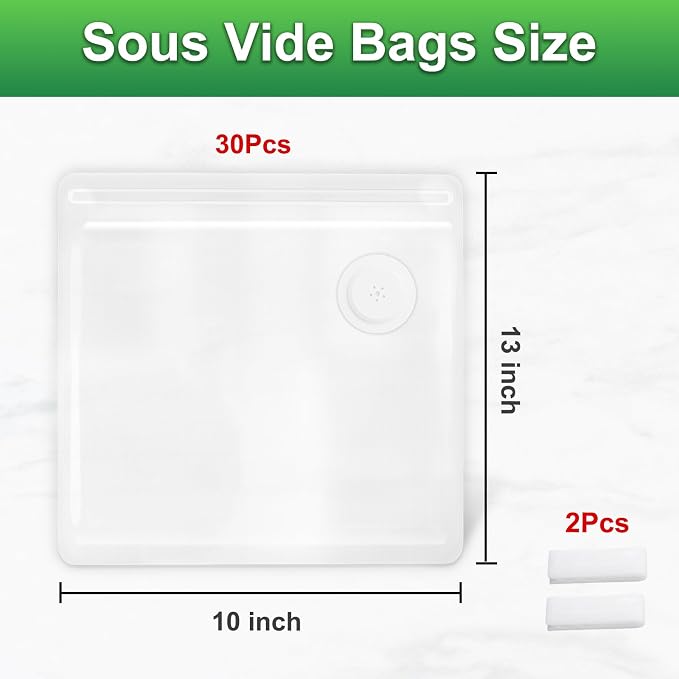 Higfra Reusable BPA Free Vacuum Sealer Bags (13 * 10in), 30 Pcs & 2 Seal Clips, Upgraded Valve Plastic, Clear, Double Zipper Seal, Microwaveable, Food Storage, Cooking