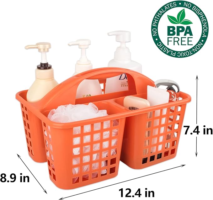 Portable Shower Caddy Basket Plastic Storage Basket with Compartment Orange | Sturdy Large Capacity Cleaning Supplies Organizer Divided Tool Bin for Bathroom Kitchen Bedroom College Dorm Essentials