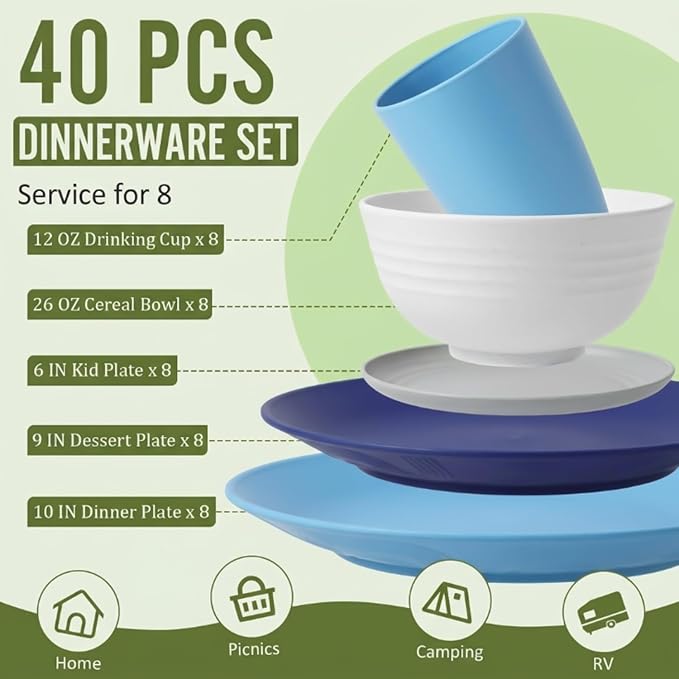 Dinnerware Set 40 PCS Wheat Straw Dishes Set - Service for 8 Unbreakable Plastic Dish Set Microwave Safe Plates and Bowls Sets Lightweight Cups Sets Outdoor Dishes - Island Colors