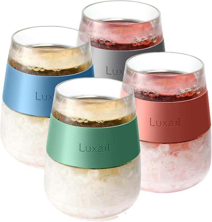 luxail Wine Glasses, Plastic Wine Glasses Set of 4, Wine Gifts, Double Wall Insulated Freezer Tumbler, Stemless Freezer cups for Red and white Wine, 8.5 Oz, Multicolor