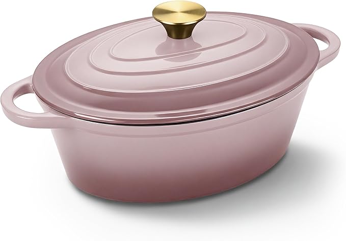 Oval Dutch Oven for Bread Baking, 4.5 Quart Non Stick Enameled Cast Iron Dutch Oven Pot with Lid, Oven Safe Oval Casserole with Lid up to 500°F for Baking, Braising, Stews, Roasting, Pink