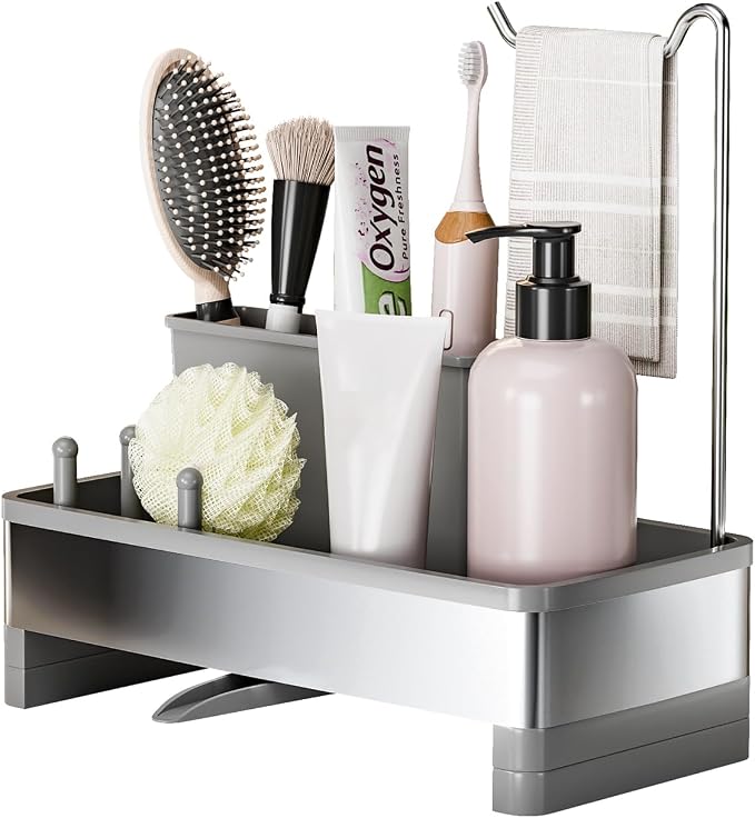 Ewaiira Sponge Holder for Kitchen Sink, Stainless Steel Sink Caddy | with Brush Holder & Dishcloth Rack, Countertop Sink Organizer, Soap Dispenser Kitchen Organizers Storage (F-Gray 9.8″)