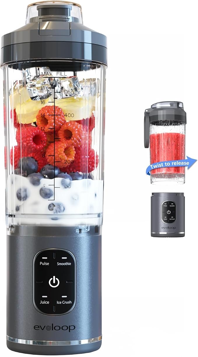 Personal Blender, Portable Blender for-Smoothies and Shakes, Ice crush, Juice, Pulse, 4 Programs, Cordless, USB-C Rechargeable, 18 oz removable Vessel, Lids and Straws, BPA Free, Dishwasher Safe