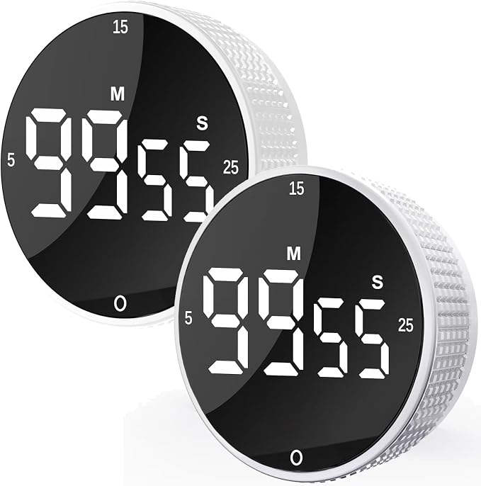 Digital Kitchen Timer - Magnetic Countdown Count Up Clock with Large LED Display, 5/15/25 Min Presets, 3 Volume Levels, Rotary Dial for Cooking, Productivity, Classroom, Fitness (2, White)