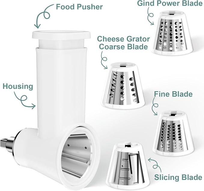 Slicer Shredder Attachment for KitchenAid Stand Mixer | Cheese Grater Attachment for Kitchenaid, Salad Maker, Grinding Powder, Dishwasher Safe with 4 Blades, White