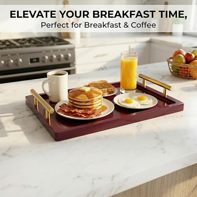PEKER Wooden Serving Tray with Metal Handles, Black Decorative Coffee Table Tray for Breakfast in Bed, Ottoman & Home Décor, Wooden Food Tray for Kitchen