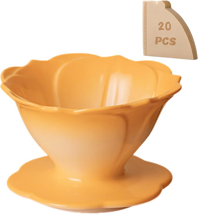 Ceramic Pour Over Coffee Dripper Flower Shape V60-01 (Lemon) | 20Pcs filters included, Wide base fits most mugs, Sturdy quality ceramic, Balanced taste coffee brew