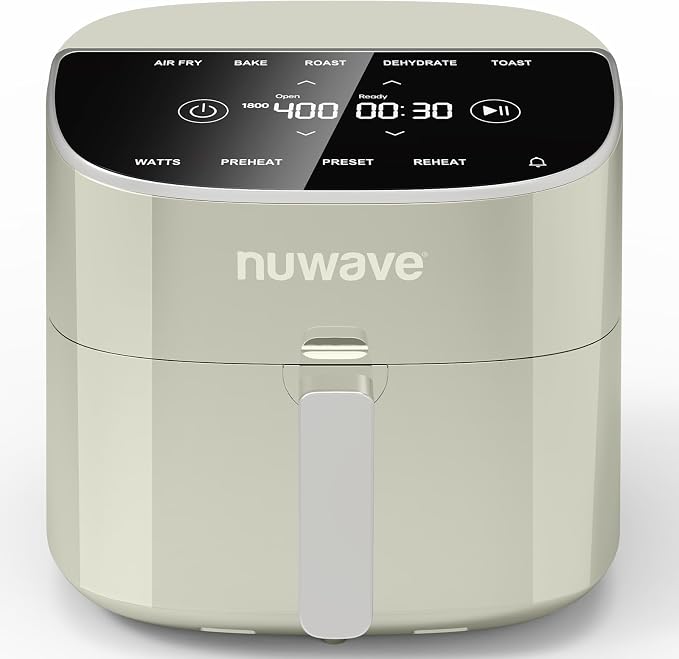 Nuwave Brio Plus 8 Qt Air Fryer, PFAS Free, New & Improved, 50-400°F in 5°F | Digital Touchscreen, Cool White Display, Ceramic Nonstick Coating, 5 Cook Modes, 100 Presets/50 Memory, 700/1500/1800W, Cream
