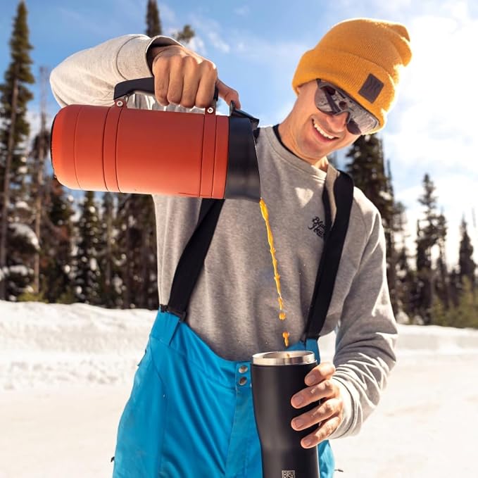 BruTrek by Planetary Design | BaseCamp French Press | 32 fl.oz - Red Rock | Double Wall Insulated Stainless Steel - Bru-Stop Technology, No Grounds in Coffee, No Spill Lid (Red Rock, 32 fl.oz)