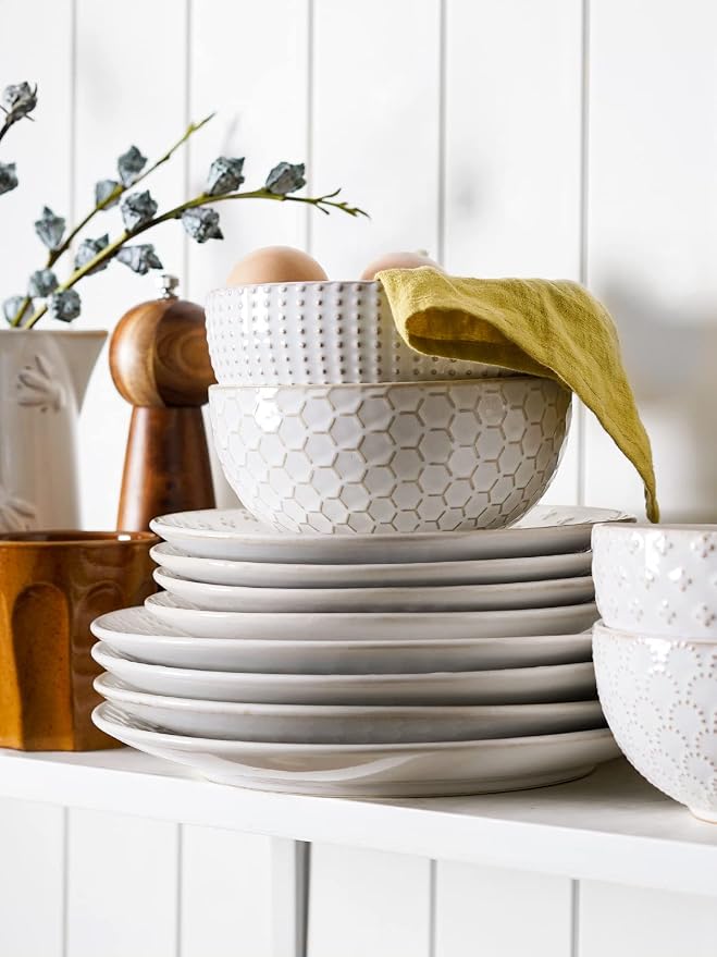 LE TAUCI Ceramic Dishes Set for 4, 12 Piece Plates and Bowls Sets, Embossed Kitchen Dinnerware Sets, Chip Resistant, Microwave & Dishwasher Safe, Arctic White (8"&10" Plate, 26oz Bowl)