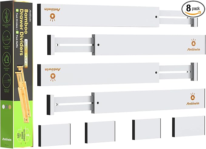 Bamboo Drawer Dividers Organizers, Expandable Drawer Separators Splitter,17-22 inches Long Adjustable Spring-loaded Organizer for Large Utensil, Clothes, Tools Drawers (White)