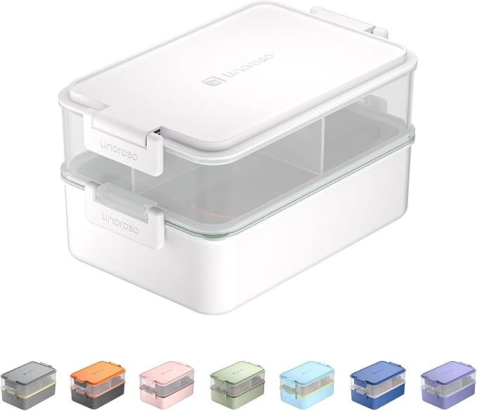 Stackable 2-Tier Adult Bento Box, 4 Compartments - Chalk White | leakproof sauce cups, utensil set included, microwave & dishwasher safe, 7 colors available, ideal for work/school/picnic
