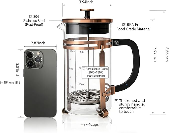 French Press Coffee Maker 34oz, Heat-Resistant Glass Coffee Maker-Bronze | Thickened Glass Stainless Steel, for Coffee, Cold Brew,Tea & Cocoa