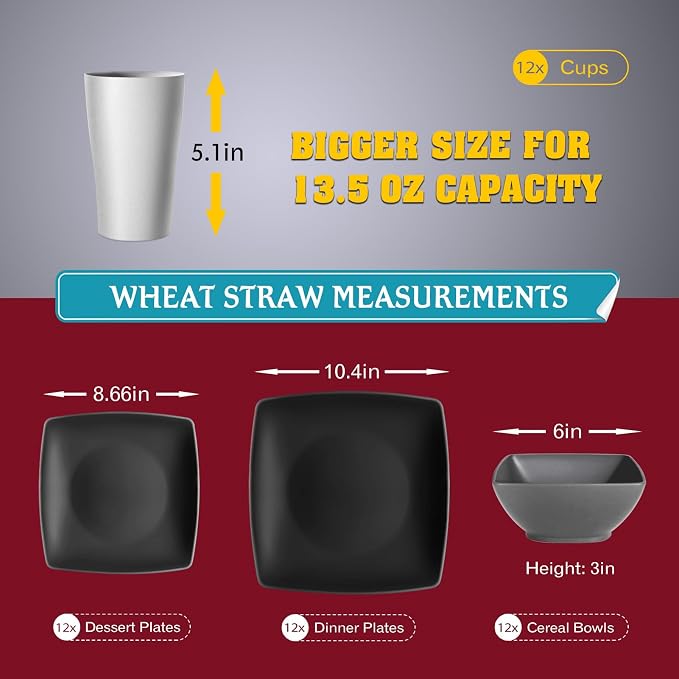 Teivio 48-piece Wheat Straw Square Dinnerware Set for 12, Unbreakable Dinner Plates, Salad Plates, Snack Bowls, Tumblers 13.5 oz, Dishwasher Safe, Plastic Kitchen RV Dish Set, Gray Ombre