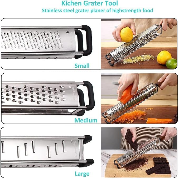 3-in-1 Lemon Zester & Cheese Grater, 304 Stainless Steel, 12-Inch, Black | Three Blade Surfaces for Fine Zesting, Coarse Grating and Slicing, 304 Stainless Steel, Non-slip TPE Handle, Dishwasher Safe