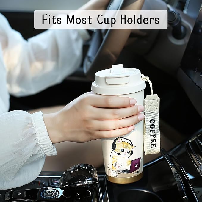 Funkrin Coffee Travel Mug with Flip Lid, 16oz Insulated Tumbler Cup with Ceramic Coating, Double Wall Vacuum Leak-Proof Tumbler for Office School Party Camping