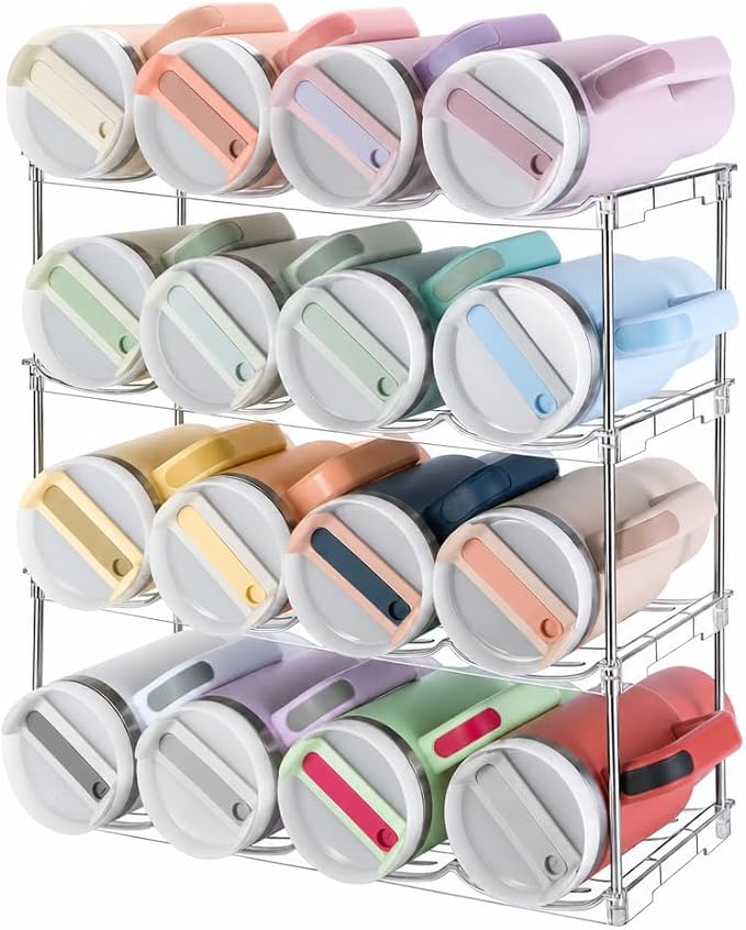 Stackable Water Bottle Organizer for Cabinet for Stanley 40 oz Tumbler | Large Compartment Tumbler Organizer, Stanley Cup Organizer Holder, Kitchen Countertop Organization & Storage, 4 Pack