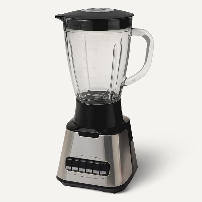 Amazon Basics Powerful 700W Countertop Blender with 6-Cup (50 Fl. Oz) Glass Jar, 6 Pre-Programmed Functions, Ice Crush, Stainless Steel Blades, Black & Silver