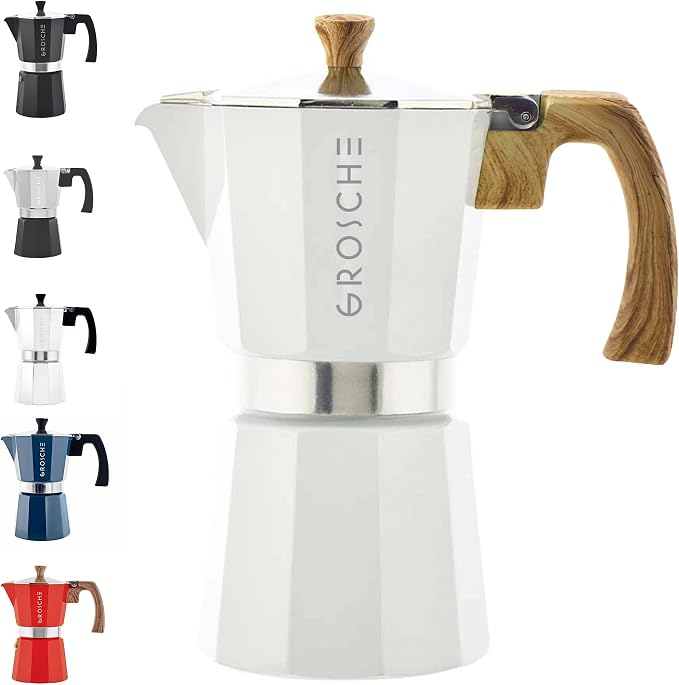 GROSCHE Milano Stovetop Espresso Maker Moka Pot 9 espresso Cup 15.2oz White | Cuban Coffee Maker And Italian Moka Pot For Stovetop Espresso; For Gas, Electric, And Propane Stoves With A Soft-Touch Handle