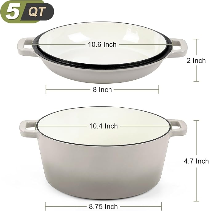 P&P CHEF 2 In 1 Khaki Dutch Oven Pot with Lid for Bread Baking, 5Qt | Cast Iron Bread Dutch Oven, Skillet & Pot for Roasting Braising Stewing Frying Simmering, Multi Stoves & Oven Safe