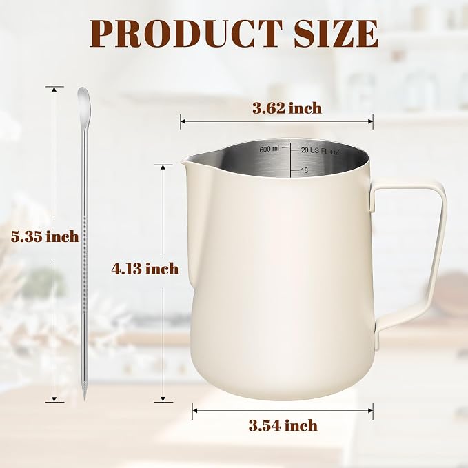 Amrules Milk Frothing Pitcher, 20oz Milk Frother Cup with Clear Scale, 304 Stainless Steel Cappuccino Espresso Machine Accessories for Barista Coffee Bar with Latte Art Pen, White