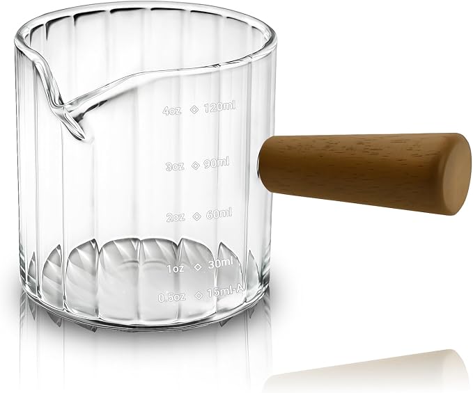 Espresso Measuring Cup 4 Oz, Espresso Glass Cups with Wood Handle, Milk Frothing Cup, Espresso Cup for Coffee, Milk, Tea or Maple Syrup Serving (Transparent, 4 oz)