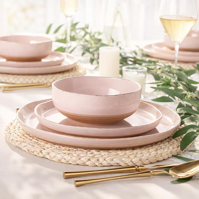 AmorArc Dinnerware Sets for 4, 12 Pieces Ceramic Plates and Bowls Set | Scratch Resistant Stoneware Dishes Set, Dishwasher & Microwave Safe, Cloud Pink