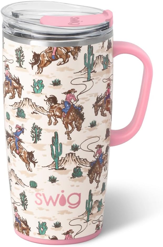 Swig Life 22oz Insulated Travel Mug with Handle & Lid, Giddy Up | Triple Insulated Stainless Steel - Handle & Lid Included - Keeps Coffee Hot or Cold - Cup Holder Friendly