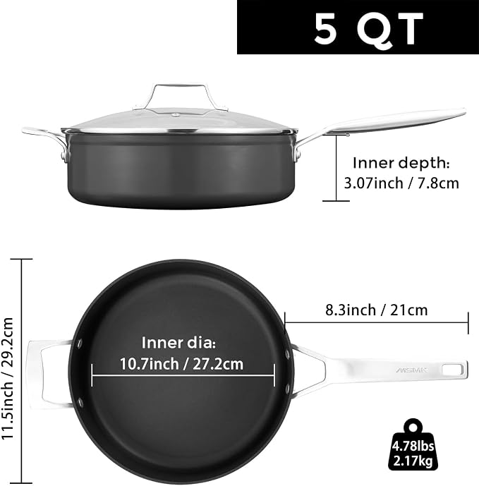 MsMk 5 QT Nonstick Saute Pan with lid, 11 inch Induction Deep Frying Pan | Non Toxic, Even Heating, Easy Clean, suitable for gas & electric & induction stove, Dishwasher & Oven Safe, Cerammic