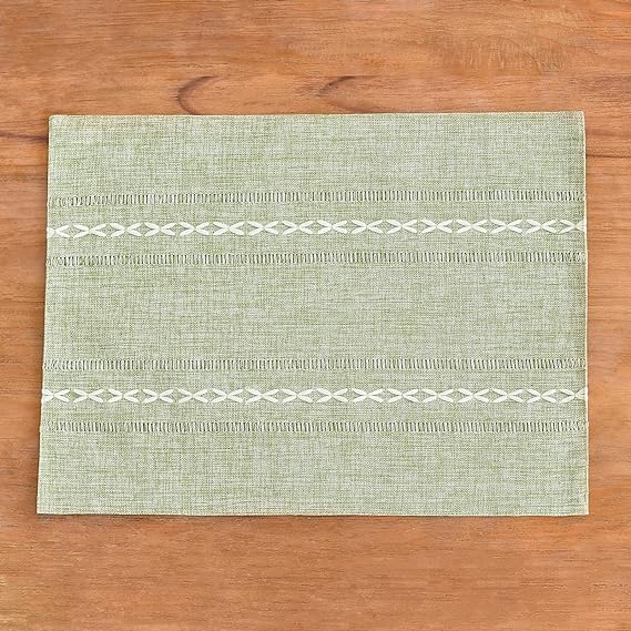 Wracra Cotton Linen Place Mats, Sage Green Embroidered Placemats Set of 6 | Placemats 12 x 18 Inch; Cotton Linen Woven Fabric; Heat Resistant Table Mats; Raised Embroidered Hollow Design