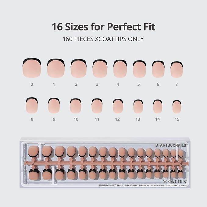 BTArtboxnails XCOATTIPS Black French Tip Press On Nails, XXS Squoval, Peach | Lamp-Curable, 4-Week Wear, Natural Nail Look, Salon Quality Value at Home, Easy-to-Apply for Beginners, 160ct Nail Tips Only