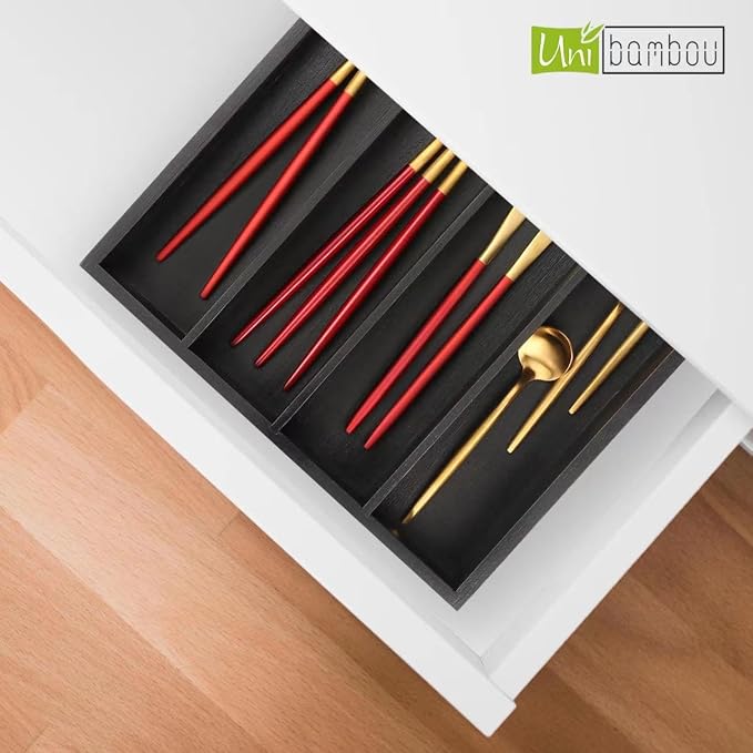 Unibambou Bamboo Silverware Drawer Tray, Kitchen Flatware Organizer, Black | 5 slots kitchen storage tray, Natural Bamboo Material, Perfect organizer for flatware cutlery utensils, 9.8"W x 13.8"D x 2"H