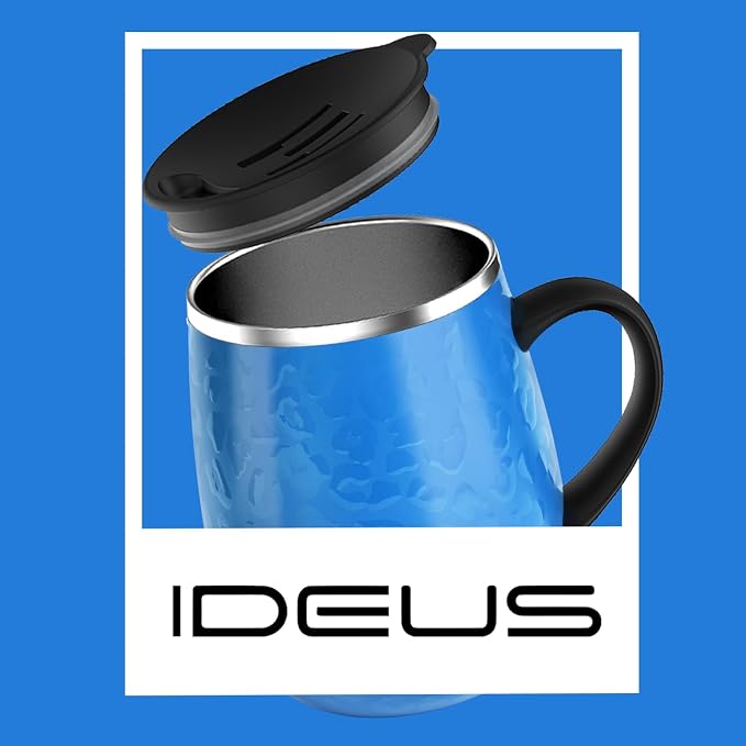 Ideus 16 oz (470 ml) Insulated Coffee Mug with Handle and Lid, Double Wall Stainless Steel Vacuum Thermal Coffee Mug, Travel Coffee Cup Thermal Cup for Home and Office (Leopard Blue)