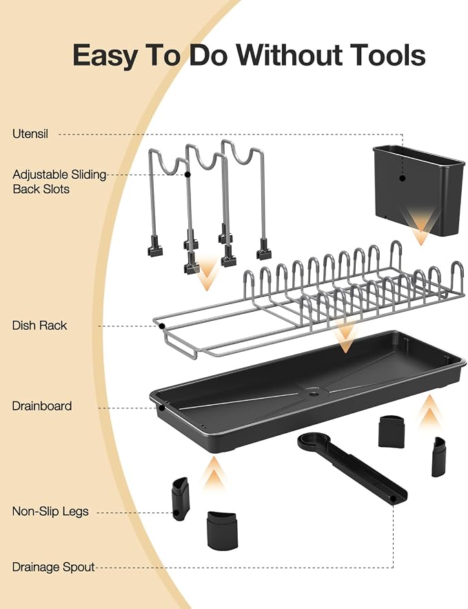 Small Dish Drying Rack Carbon Steel Dish Rack Rustproof for Kitchen Counter Compact Dish Drainer with Adjustable Slots for Small Kitchens & Apartments 16.5×6.5×7inch Black